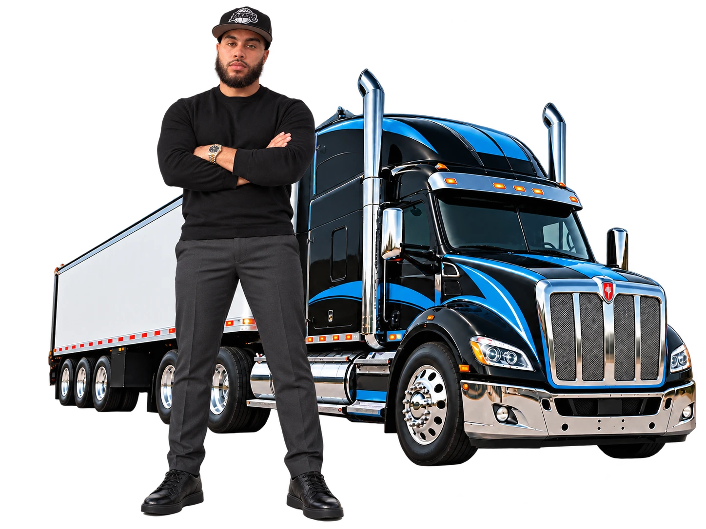 Jalen James standing in front of his blue, black and white box truck